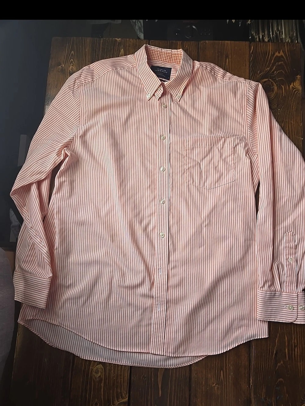 Charles Tyrwhitt Orange and White Striped Button-Down Dress Shirt non iron